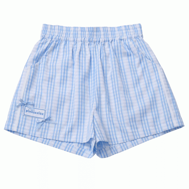 Blue  White Elastic Waist Plaid Shorts