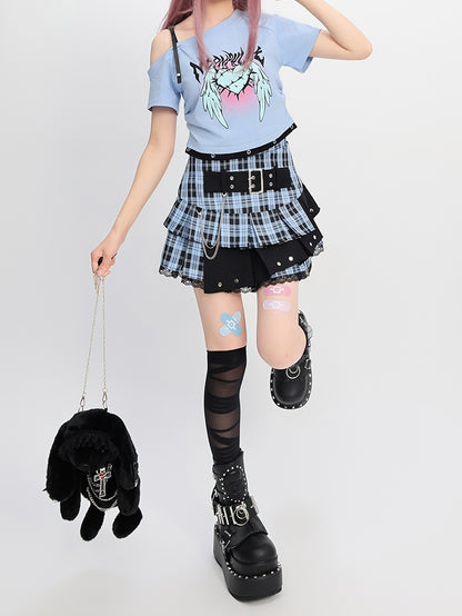 Y2K Light Blue Buckle Strap Tiered Plaid Skirt