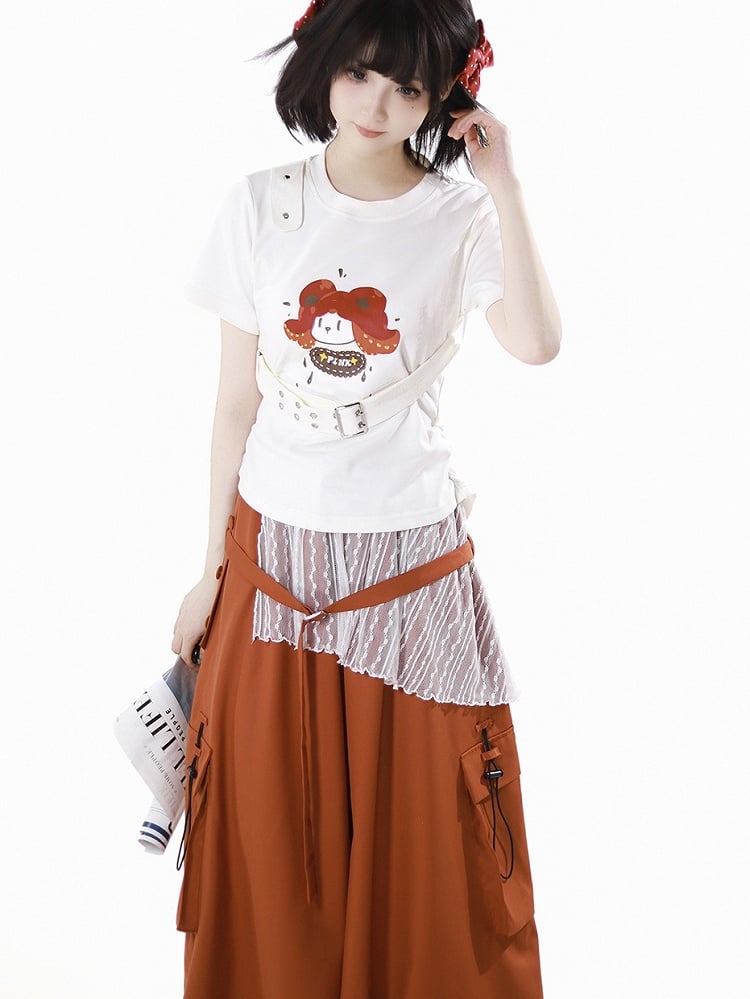 White Cartoon Print T-Shirt with Detachable Buckle Strap