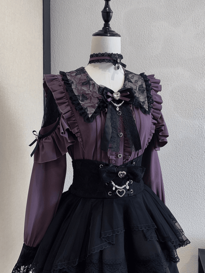 Kei Collar Gothic Black and Style Pointed Blouse: Dark Purple Cutouts with Royal Lace Jirai