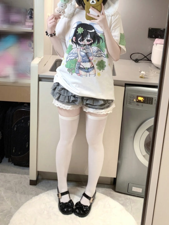 White Round Neck Four-Leaf Clover Angel Print Cotton T-Shirt