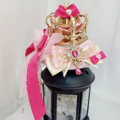 PinkWhite Details Rhinestone Charm Crown Jirai Mini Kei Hat Bowknot
