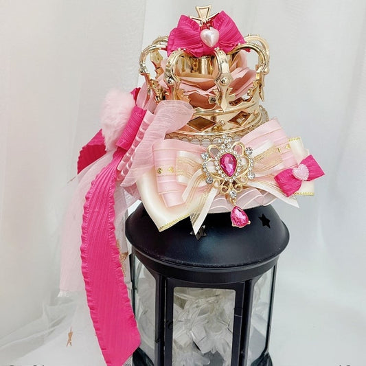 PinkWhite Details Rhinestone Charm Crown Jirai Mini Kei Hat Bowknot