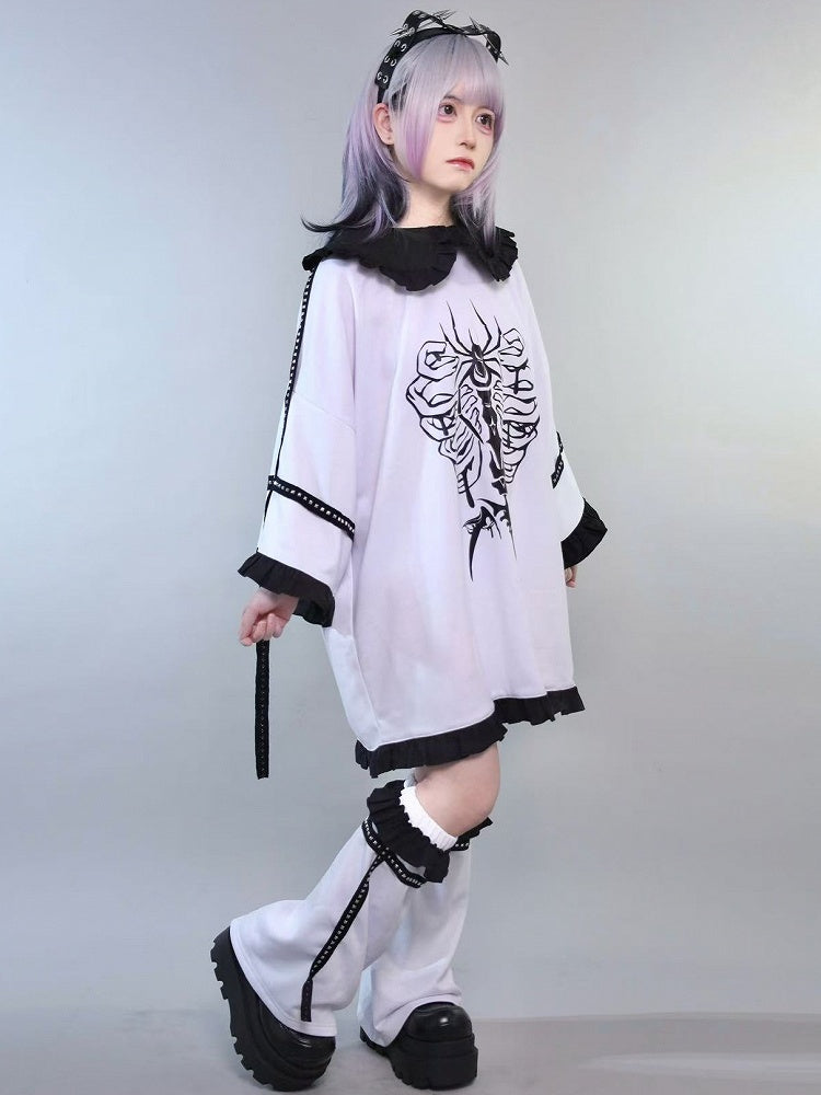 With Studs WhiteBlack Insect Kei Ruffles Jirai T-shirt Collar Decorated Peter Pan Print Warmers Trim Leg