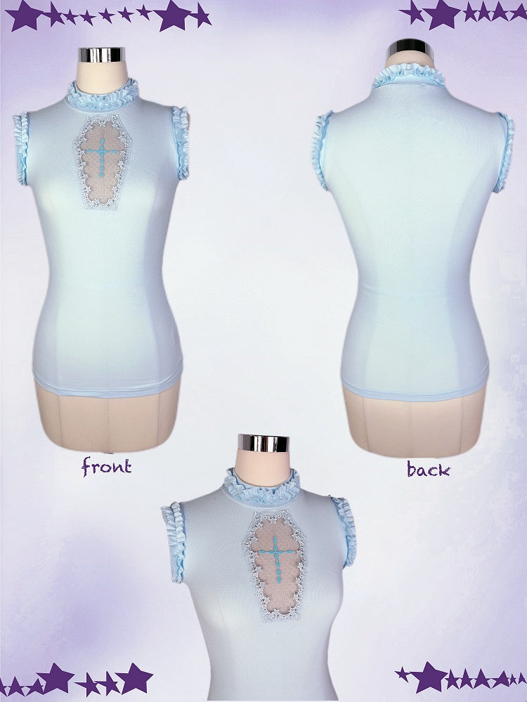 Goth Sleeveless Top Light Blue Mock Neck Coffin-Shaped Cutout Pastel