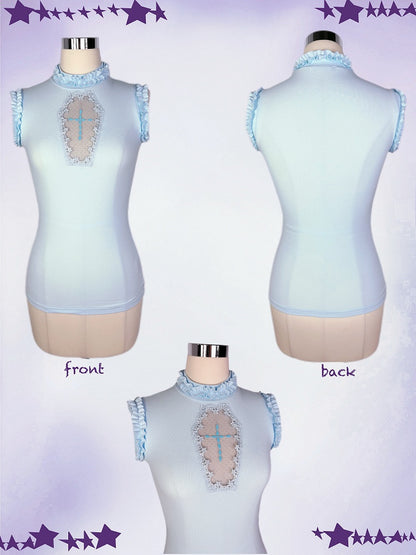 Goth Sleeveless Top Light Blue Mock Neck Coffin-Shaped Cutout Pastel