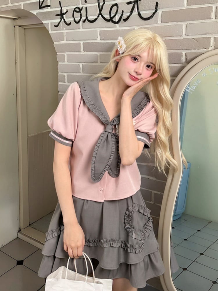 und graue Bluse Preppy Pink Rüschen Matrosenkragen Puffärmel Stil