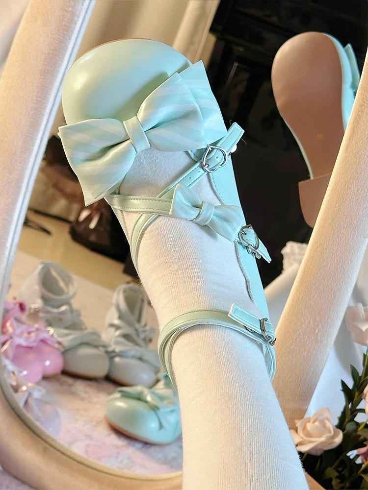 Striped with Janes Mary Mid-heel PU Bows Grass Green