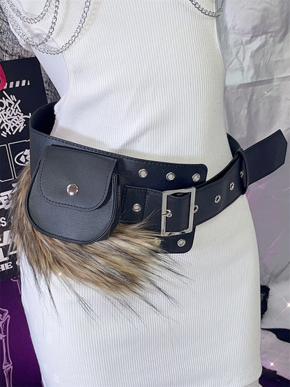 Black Faux Fur Trim Buckle Belt+ Snap Waist Bag