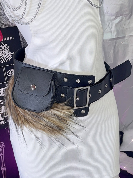 Black Faux Fur Trim Buckle Belt+ Snap Waist Bag