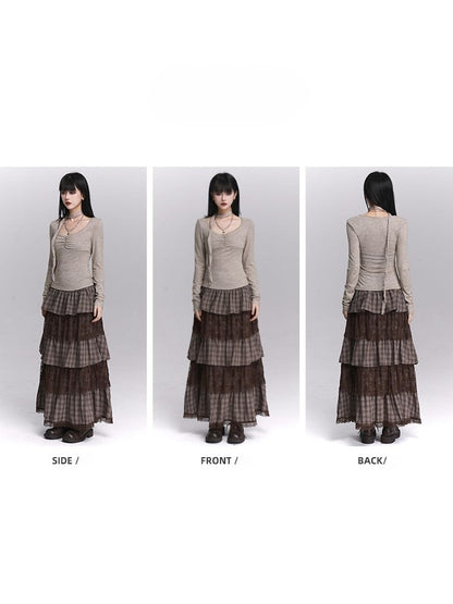 Oatmeal Top U-Neck Button Ruches with Matching Neck Strap Gray