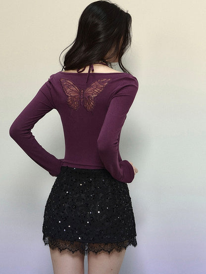 Purple Lace Butterfly Cutout Halter Neck Long Sleeves Top