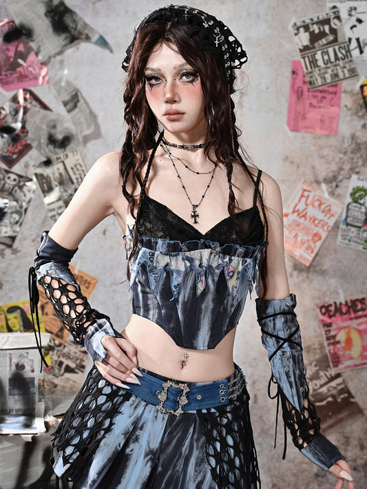 Grunge Punk Rock Fairy Blue Lace Cowl Neckline Boned Corset Tie Dye Cami Top