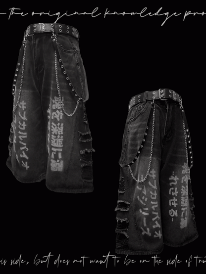 Löcher Roher Saum Punk Faded Wash Distressed Dark Wide-Leg Jeans Grau