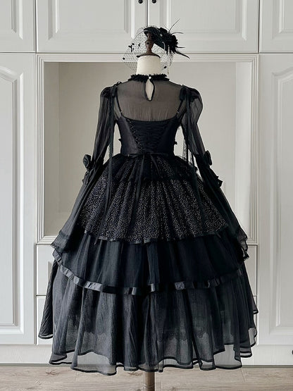 Spaghetti Elegant JSK Dress Lolita Black Straps Full Layered Kuro Set Shimmering