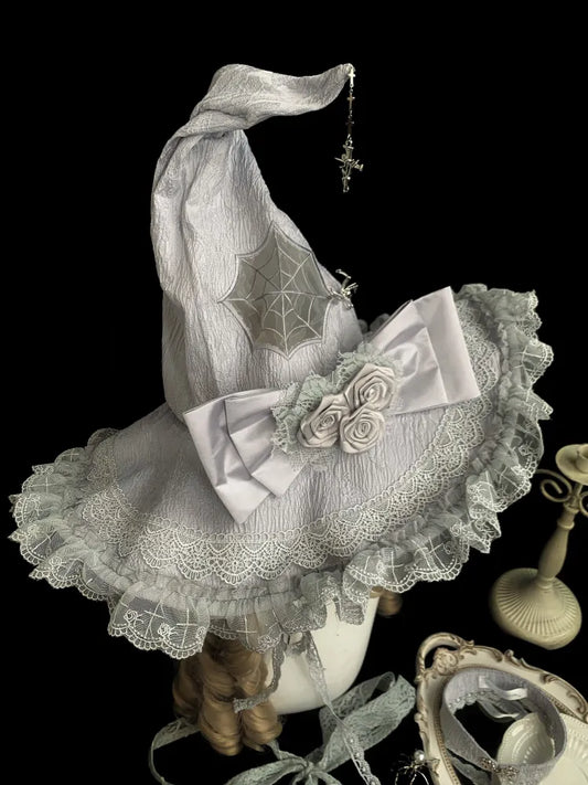 Silver Gray Spider Web Witch Hat Spider and Rose Bowknot Decorated