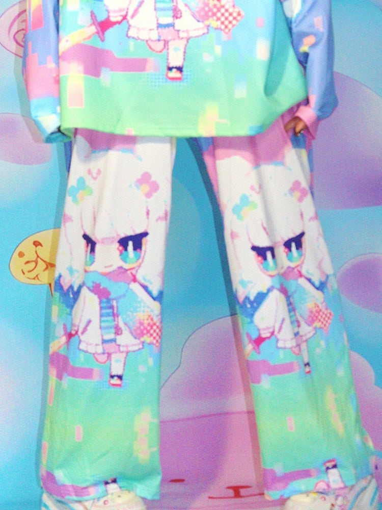 Y2K Gerade geschnittene Hose mit buntem Print und Cartoon-Muster