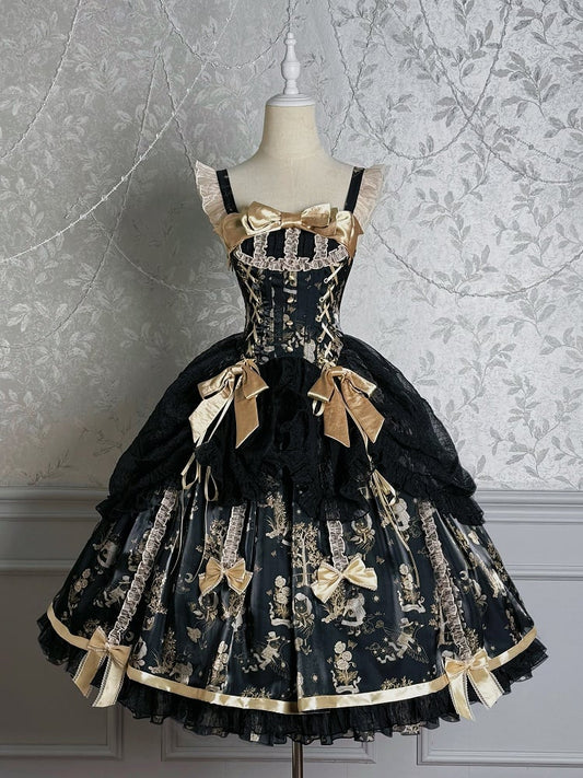 Waist Overlay Lolita and Drawstring Jumper Skirt Corset Black Gold