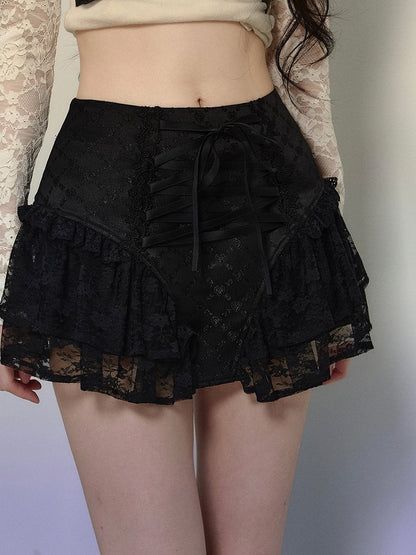 Apricot/Black Lace-up Detail Balletcore Lace Skirt