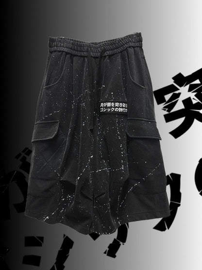 Design Pants Black Asymmetrical Cargo Punk Wasteland Print Wide-Leg