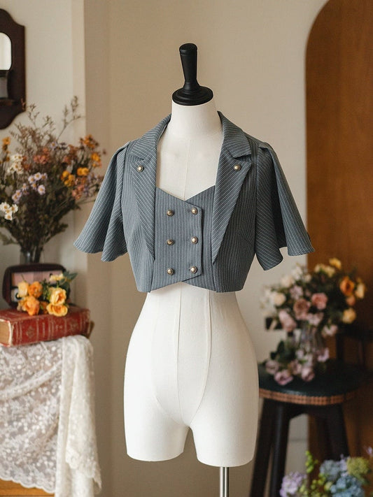 Light Dusty Blue Blazer Collar Retro Fashion Cropped Top
