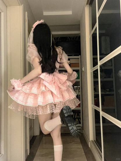 Pink Pattern Polka-dot Heart Sweet Ruffled Heart Front Lolita Dress