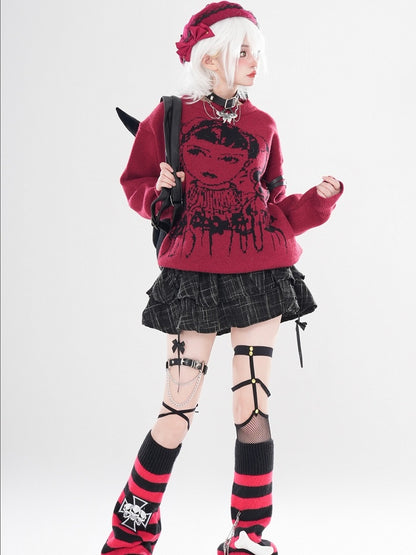Wine Red/Black Y2K Girl Pattern Sweater with Free Choker