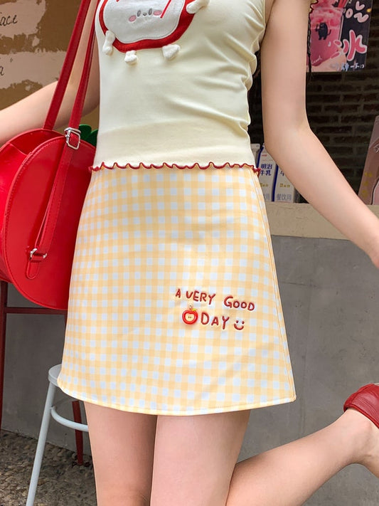 White High Waist Letter Print Yellow and Plaid Skirt Sweet