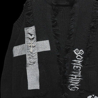 Cardigan gothique punk noir avec croix et squelette, trous de détresse, bord brut