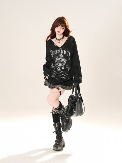 Vネック クロスプリント サンプロテクション カバーアップ ブラック/ホワイト