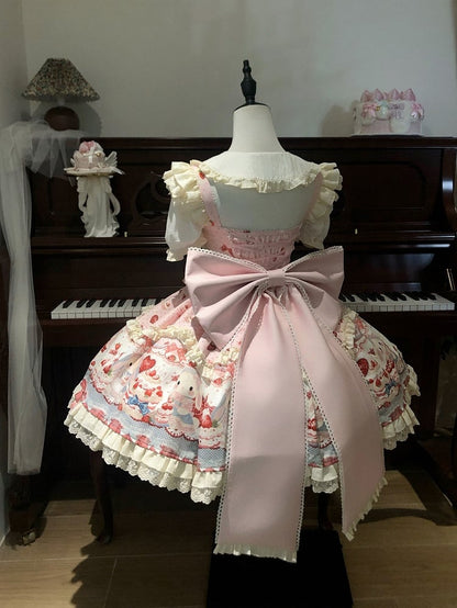 Bunny Dress / Sweet JSK Cute Print Lolita and Cake Strawberry Pink Set Full