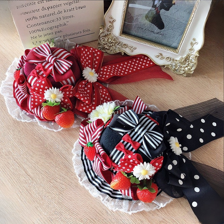 RedWhite/Black/Red Decorated Hat And Details Floral Lace Strawberry Mini Trim Bowknot