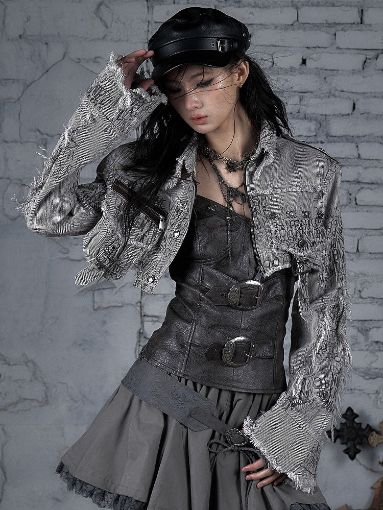 Wasteland Jacket Stripes Skeleton Brown Cropped Decorated Buckle And Pattern Punk