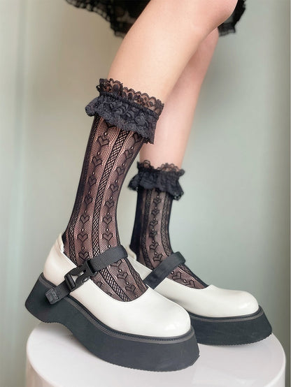 Black Heart Pattern Ruffled Lace Cuff Lolita Calf Socks