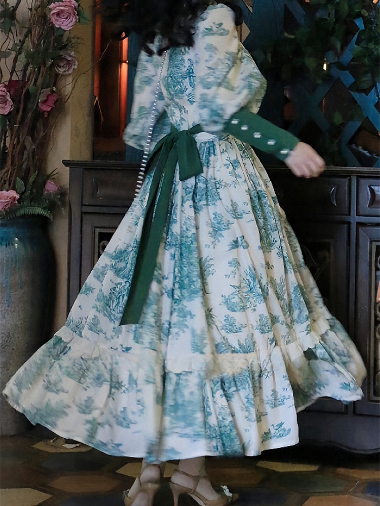 Robe vintage vert foncé à encolure carrée et manches gigot en dentelle florale