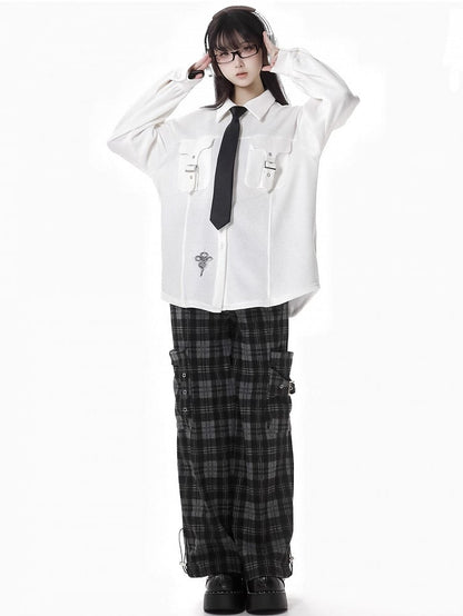 White Snake Buckle Strap Pockets Shirt with Free Tie