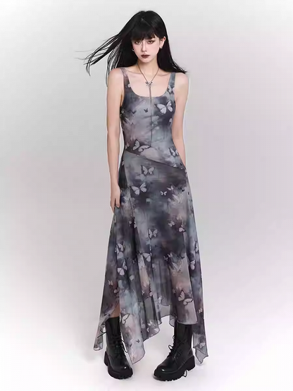 Robe sans manches à ourlet asymétrique et imprimé papillon bleu et violet