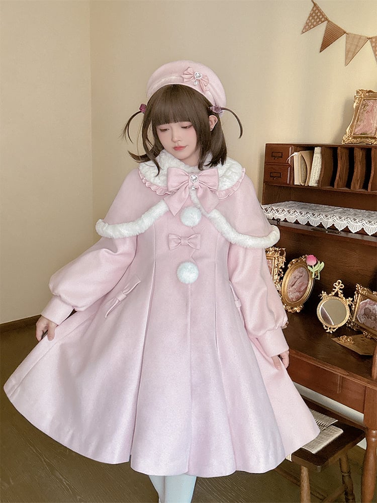 Manteau long à col en peluche rose avec nœud et cape amovible