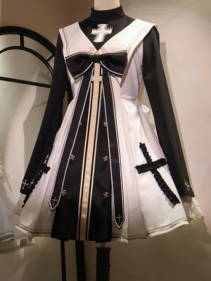 White and Black Nun Lolita Dress Full Set-Bell Sleeves Nun Dress + White Cape + Black Bow Accessory
