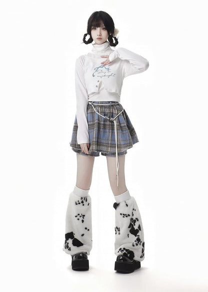 Blue Plaid Pattern Self-tie Strap Skort