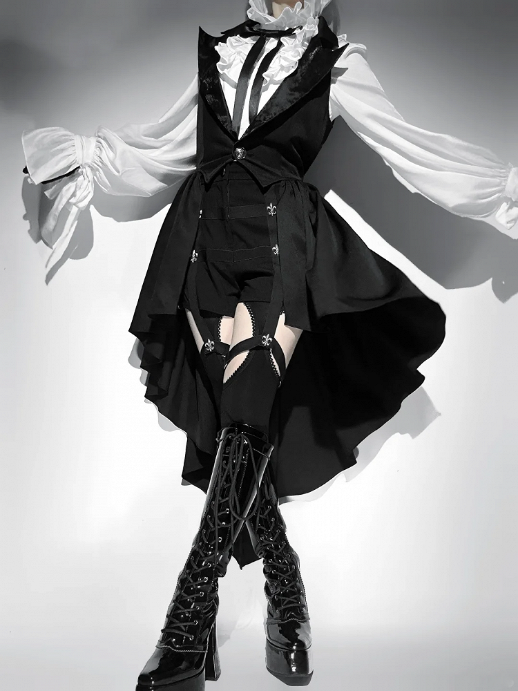 Black Blazer Lolita Prince Ouji Waistcoat Cascading Ruffle Collar Tailed