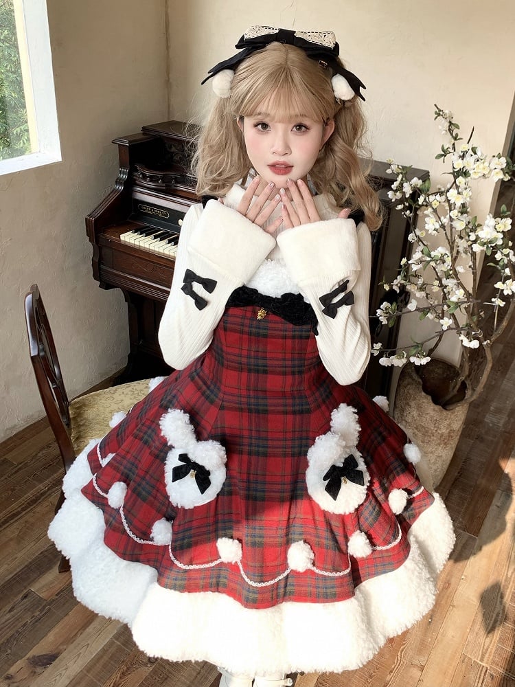 Red Plaid Pattern Winter Bunny Theme Christmas Lolita Dress Plush Neckline and Hemline