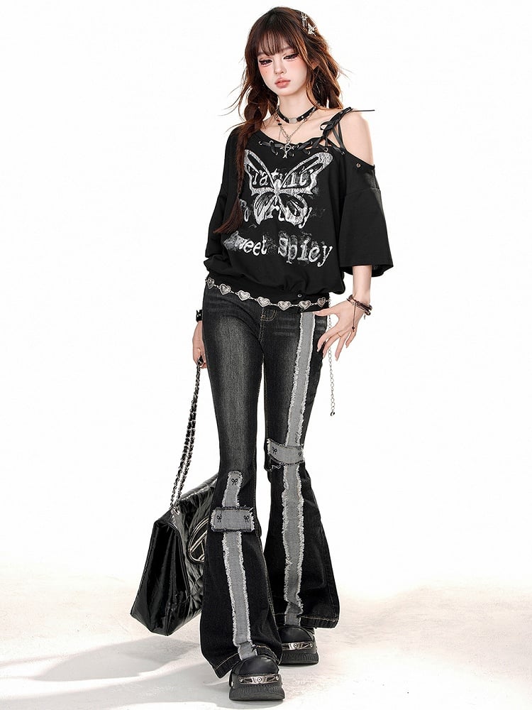 Stripes Raw Jeans Black Edge Flare with Distressed Waist High
