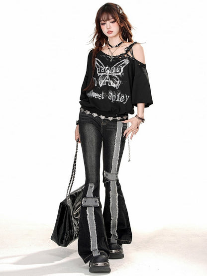 Stripes Raw Jeans Black Edge Flare with Distressed Waist High