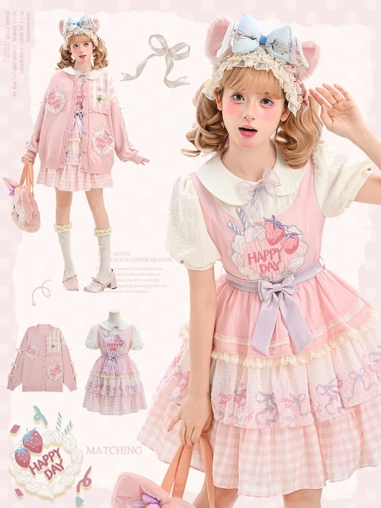 Strawberry Cake Embroidery Pan Tiered Lolita Dress Pink Skirt Peter Collar Sweet