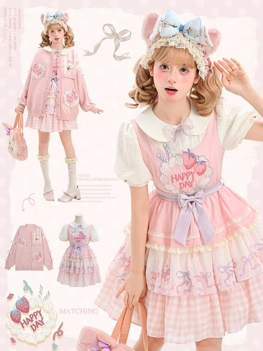 Strawberry Cake Embroidery Pan Tiered Lolita Dress Pink Skirt Peter Collar Sweet
