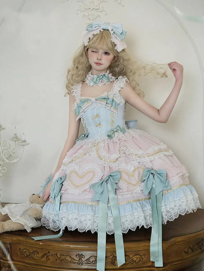 Mint Green Bows Pink and Blue Sweet Lolita Corset Dress with Choker