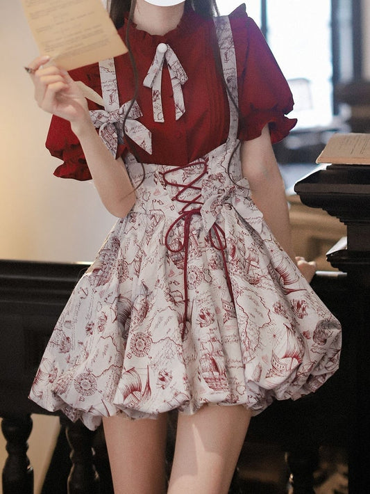 Wine Red Jacquard Overall Dress with Bubble Skirt Lace-up Waist
