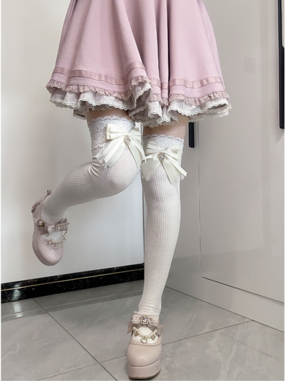 Apricot Bow Detail Front Heart Rhinestone Jirai Kei Over Knee Stockings
