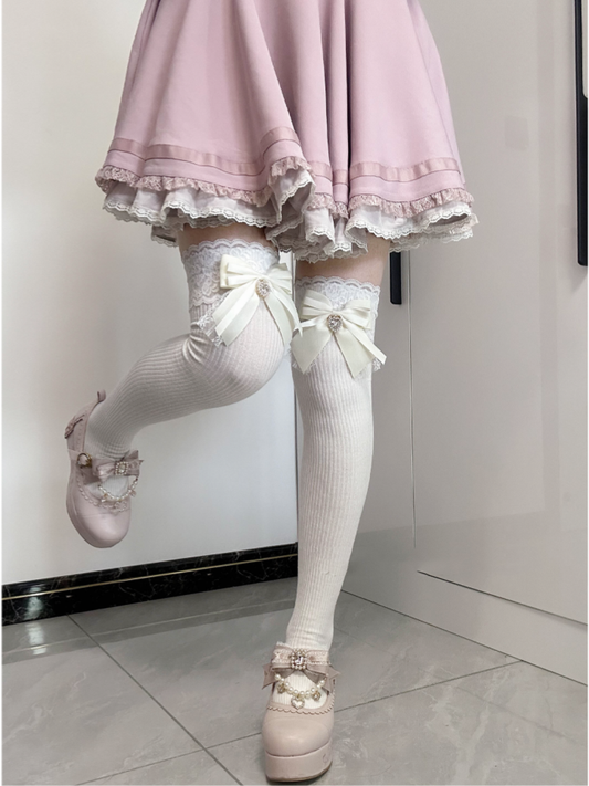 Apricot Bow Detail Front Heart Rhinestone Jirai Kei Over Knee Stockings